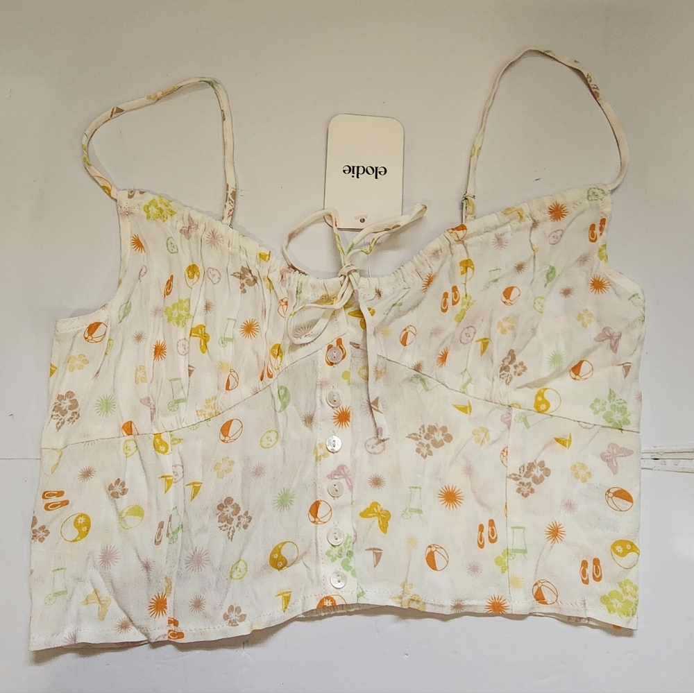 Elodie Crop Top Womens Medium White Allover Beach Print Daydream Y2K Babydoll